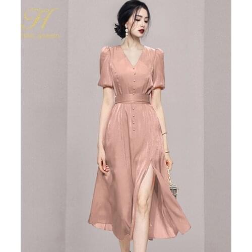 H Han Queen Vintage Elegant V-neck Mesh Single-breasted Sexy Split Vestidos New 2021 Summer A-Line Business Women Party Dress