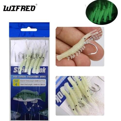 2Bag/10pcs Saltwater Fishing Luminous Shrimp Sabiki Rig with Flasher Tail Soft Lure Fishing Hooks Glow Shrimp Baits