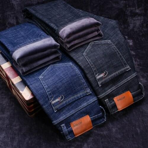 2020 Winter Mens Warm Fleece Business Fashion Thicken Denim Trousers Stretch Jeans Mens Plus Size 42 44 46