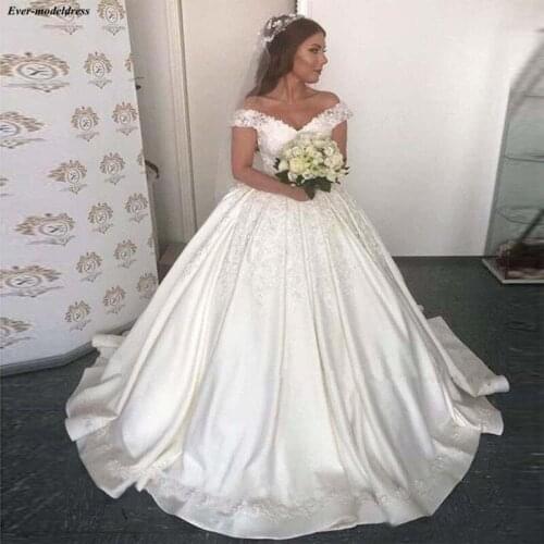 Off Shoulder Satin Wedding Dresses Lace Appliques Beaded Corset Back Ball Gown Bridal Gowns Bride Dress Vestido De Noiva 2020