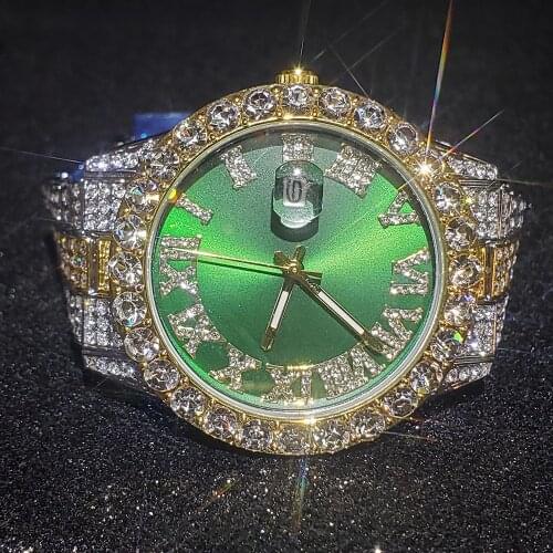 Hip Hop MISSFOX Men Iced Out Watches Luxury Modern European Quartz Wristwatches Green Dropshipping Diamond Cool Male Wrist Watch