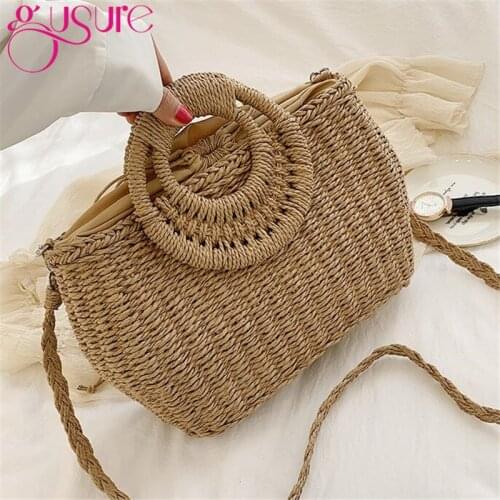 Gusure Handmade Straw Bags for Summer Women Crossbody Bags Rattan Straw Made Round-Handle Handbags Lady Travel Large
