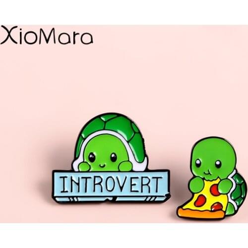 Introvert Tortoise Eanmel Pins Funny Quote Banner Anti social Pizza Animal Badges Sarcastic Unisex Men Women Brooches Pins