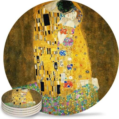 Gustav Klimt The Kiss Ceramic Coasters Waterproof Tea Cup Mat Christmas Home Decor Coasters for Glasses