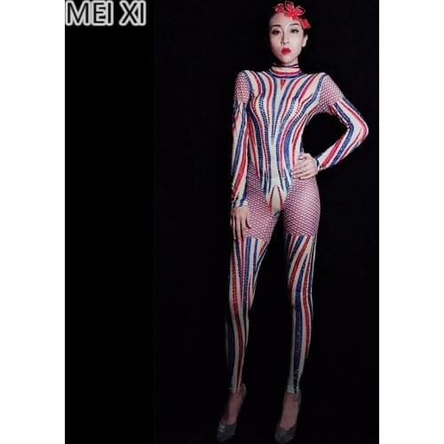 Colourful blue and red rhinestone striped jumpsuit party nightclub bar concert DJ singer/dancer costumes