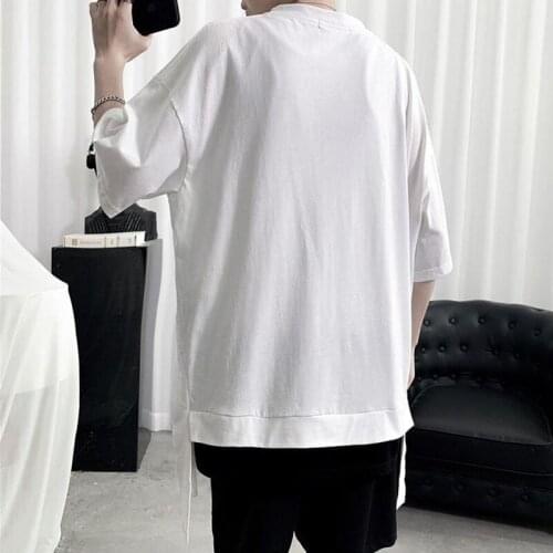 Summer Men;s T Shirt Solid Fake Two Pieces Split Short Sleeve O Neck Casual Harajuku Korean Style Cotton Loose Simple Tops