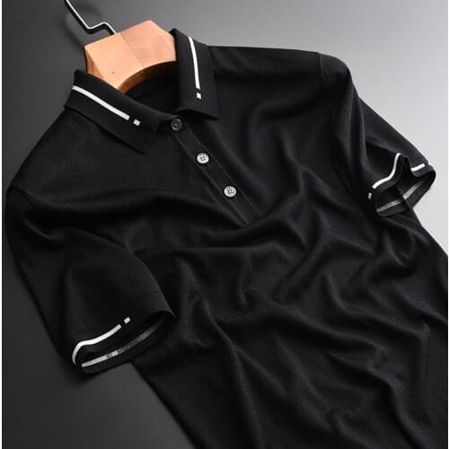 Lyocell Mens Luxury Knitted Fabric Short Sleeve Black Men T-shirts Plus Size 4xl Summer Turn-down Collar Man Tee