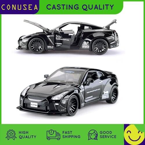 Car Model 1:32 Scale Alloy Diecast Pull Back Electronic Toys with Lights and Music Jdm Nissan Skyline Ares Gtr R34 R35 Toys Boys