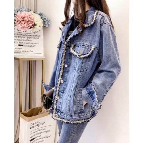 Fashion Tassel Long Sleeve Denim Coat Female Streetwear Autumn Loose Single Breasted Jean Jacket Harajuku Boyfriend Blue Outwear