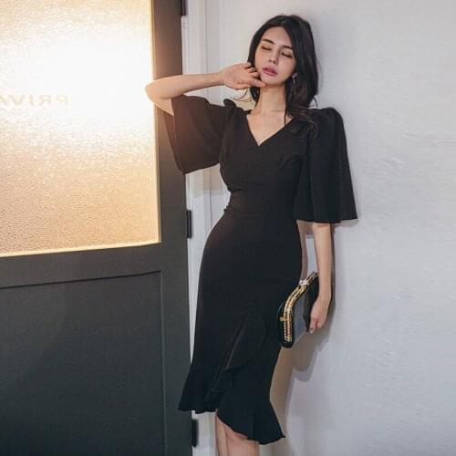 Fashion women summer elegant v-neck korean style new arrival black temperamental work style vintage ruffles slim pencil dress