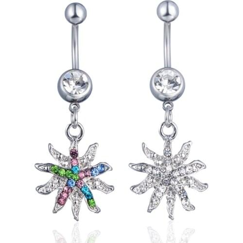 Fashion Colorful Rhinestone Sunflower Belly Rings for Women Sexy Body Piecing Jewelry