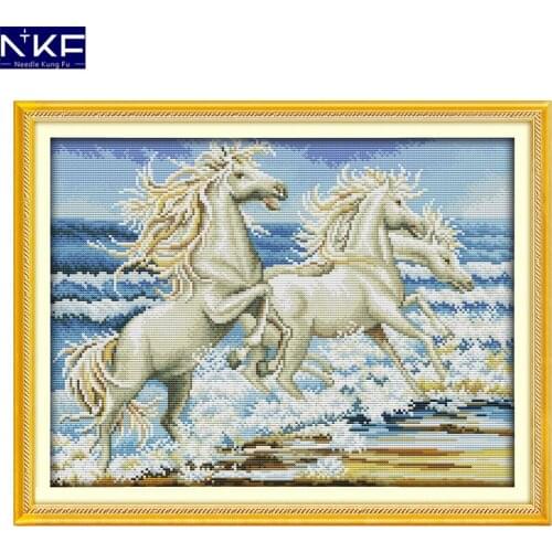 NKF The horses by the sea animal style needlepoint patterns beautiful designs Chinese cross stitch kits for home decoration