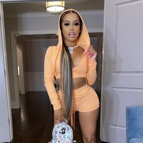 NCLAGEN 2020 Autumn Zip Up Cardigan Tops Hooded Sweatshirt Crop Top Drawstring Sporty Shorts Women Solid Casual Two Pieces Set