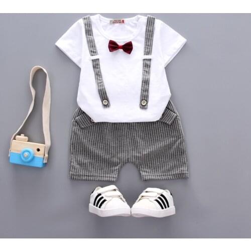 New Toddler Boy Clothes Baby Boys Clothes Sets 2 Pcs Wedding Party Gentleman Bow Striped Suspender Short Sleeve Tops+short Pants