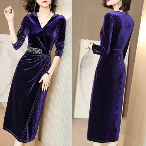 Autumn Women Dresses velvet V-neck Long Dresses Long Sleeve Winter Party Female Dresses Korean Style Elegant Clothing Asian Size