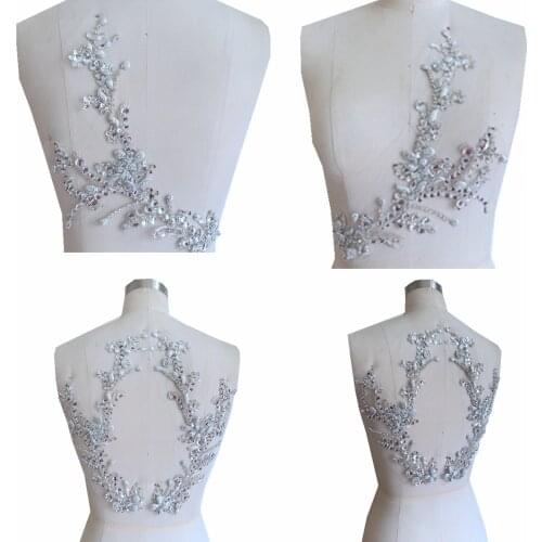 Handmade silver/red/gold rhinestones applique on white mesh trim patches for dress clothes accessory