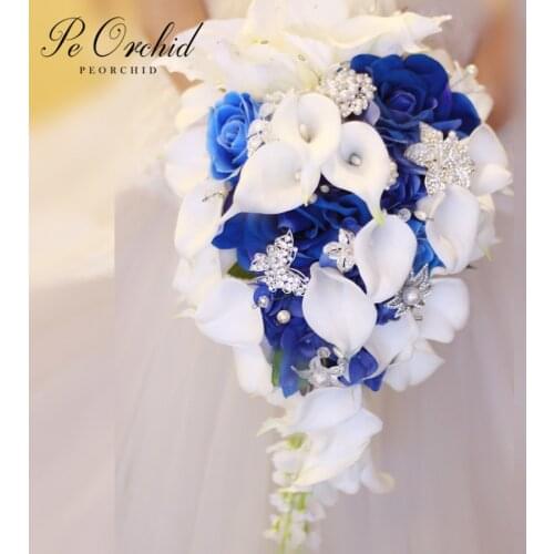 Waterfall Blue White Flower Wedding Bridal Bouquet Brooch Real Touch Artificial Fleur Mariage Pearls Crystal Brides Bouquet