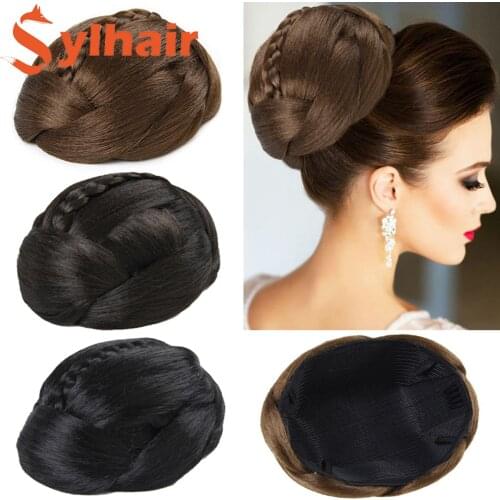 Sylhair Heat Resistant Fiber Black/ Brown/Blonde Women Synthetic Hair Buns Clip-in Braided Lady Chignons for Brides