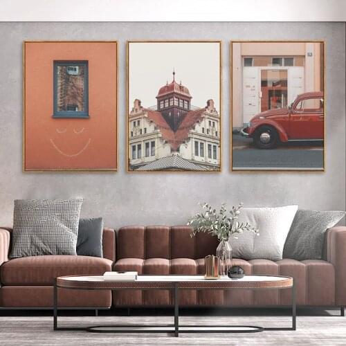 Vintage European Landscape Canvas Painting Red Car Morocco Architecture Wall Art Poster Picture Nordic Scandinavian Home Decor