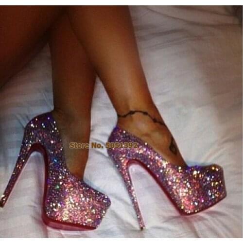 Women High Thin Heel High Platform Stiletto Sequined Nightclub Glittering Round Toe Sexy Plus Size Shoes Bling Bling Party Pumps