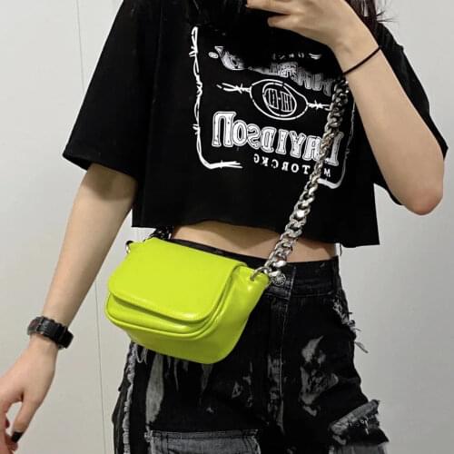 Women Summer Fashion Shoulder Saddle Bag Neon Green Ladies Luxury Design Thick Chain Retro Solid Crossbody Bags Mini Phone Purse