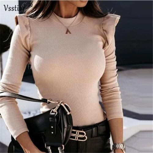2020 Knitted T-Shirt Women Bodycon Long Sleeve Casual Top Autumn Winter O Neck Fashion Ruffles Solid Shirts White Black Khaki