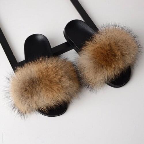 2019 Fur Slippers Women Real Fox Slides Home Furry Flat Sandals Female Cute Fluffy House Shoes Woman Brand Luxury