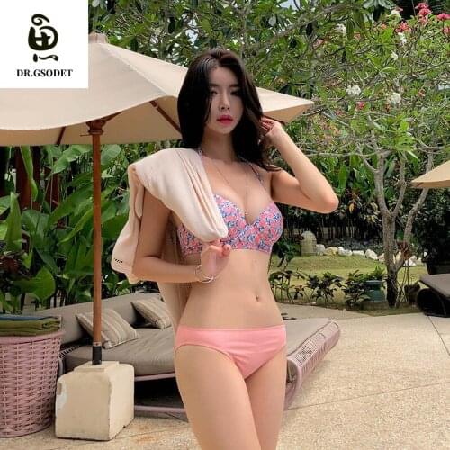 GSODET Bikini Set 2021 New Women Summer Sexy Lovely Sweet Pink Printing Swimsuit Bathing Suit Push-Up Swimwear Beachwear
