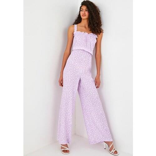 Ruffle straps and chest detailed Square Collar Floral Viscose Womens Overalls Summer Holiday Street Jumpsuits