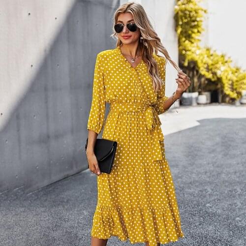 Autumn Womens Dresses Casual Fashion V Neck Print Polka Dot Ruffled Large Hem 3/4 Sleeve Dress Woman Beach Vacation Long Skirt