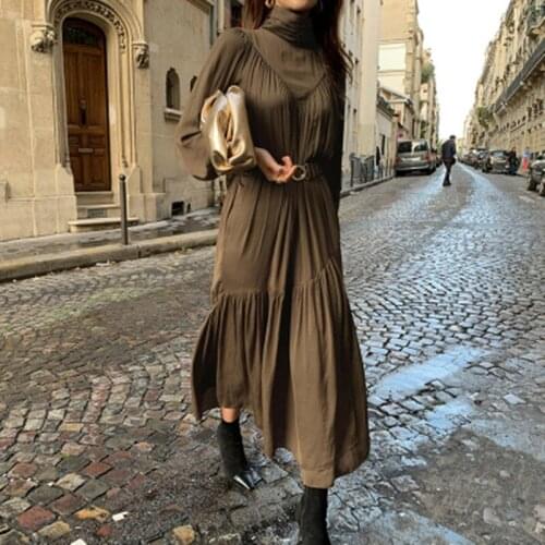 Korean Chic Pleated Design Elegant Temperament Dress Spring Fall New Female Turtleneck Bubble Sleeve With Belt Solid Dress