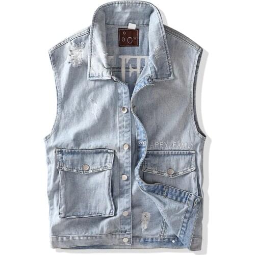 Denim Vest Men Sleeveless Jacket New Spring Autumn Washed Jeans Vintage Waistcoat Outwear Male Ripped Vest Jacket