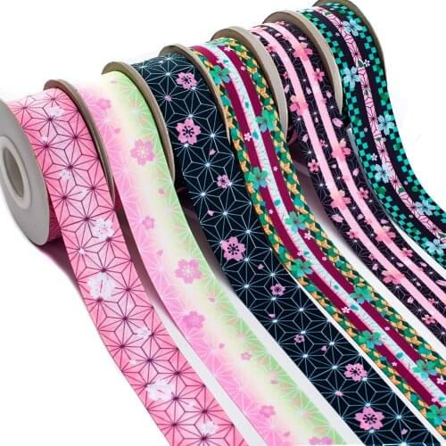 10yds Kimetsu No Yaiba Japan Anime Characters Sakura Flowers Printed Grosgrain Ribbon