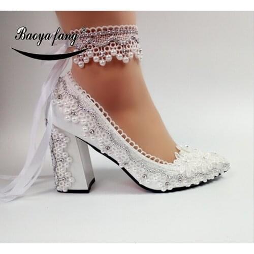 BaoYaFang New Arrival Thick Heel Pointed Toe Womens Wedding Shoes High Heels ladies fashion shoes woman White Lace ankle strap
