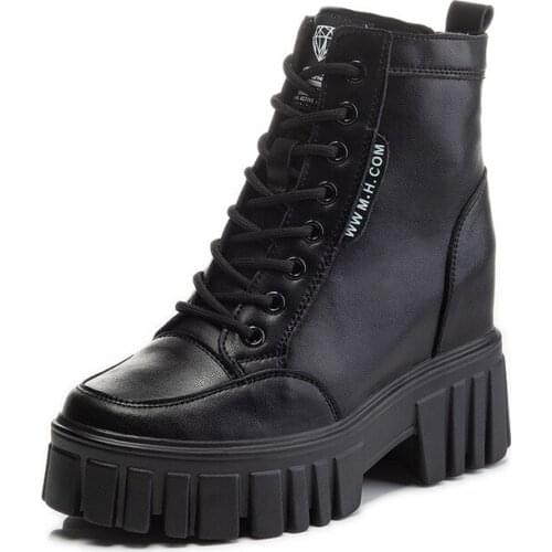 Womens Boots Real Soft Leather Booties Female Lace Up Platforms Punk Boots Women Black Wedges Shoes Botas Mujer