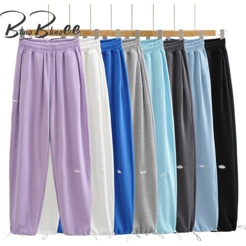 BlingBlingee Summer Autumn Patched Detail Casual Fitness Women Joggers Knitted Loose High Waist Pant Drawcord Hem Harem Pants