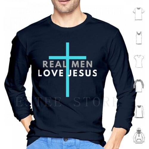 Real Men Love Jesus Bible Scripture Text Blue Cross Grey And White Design Men Women Black Hoodies Long Sleeve Jesus