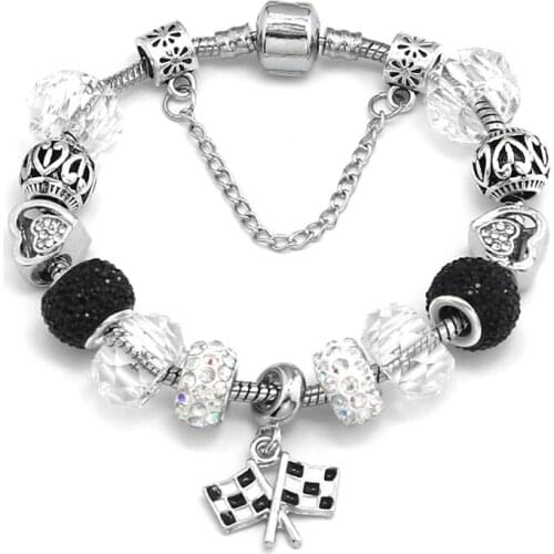 KEORMA Hot Sale Flag Series Bracelets Black&White Enamel Flag Pendant with Silver Plated Charms Beads Bracelet&Bangle Accessory