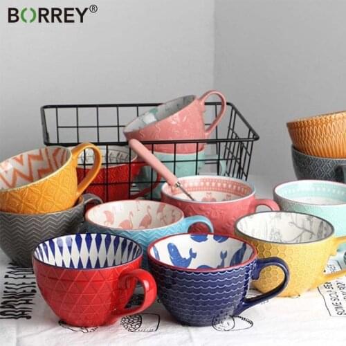 BORREY Ceramic Coffee Mug Cup Hand Painted Colorful Mugs Large Capacity Breakfast Milk Mug Chinese Porcelain Tea Cup Drinkware