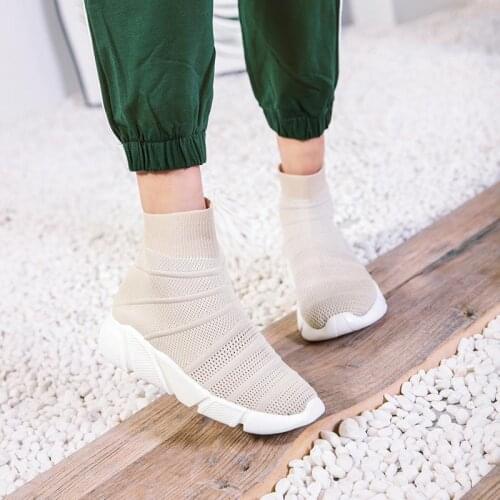 High-top Summer Sock Shoes Women Sneakers High Sports Shoes Womens Running Shoes Woman Sport Beige Knit Chaussures Baskets E-661
