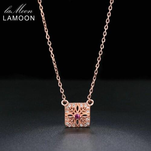 LAMOON 2018 New Square Shape Natural Ruby 925 Sterling Silver Chain Pendant Necklace Rose Gold Color Wedding Jewelry LMNI019