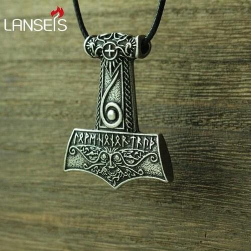 Lanseis 10pcs viking men necklace Mjolnir pendant Thors hammer Norse God jewelry Maxine Miller runes Wiccan pendant