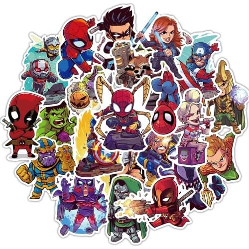 50pcs Cartoon Marvel Spiderman Deadpool Stickers Waterproof Sticker Luggage Skateboard Guitar Laptop Stikers Kid Toy