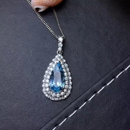 Natural blue topaz gem necklace pendant S925 silver natural gemstone pendant Lovely Water drop woman girl party gift jewelry