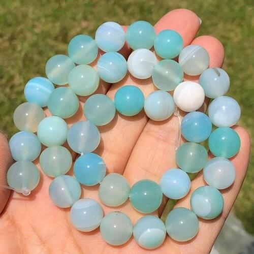 Natural Mint Blue Stripe Sardonyx Agates Round Loose Spacer Stone Beads For Jewelry Making Diy Beaded Bracelet Accessories 15"