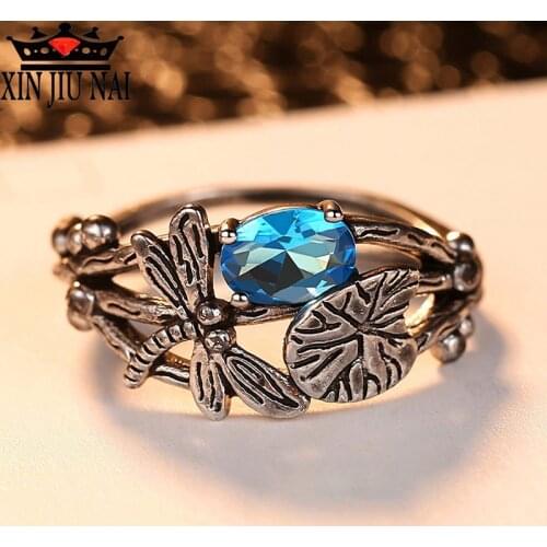 Black Lotus wedding Leaf Dragonfly with Polychrome Zircon Crystal Charm Ring Top Jewelry Favored by Fashion Girls Womens Ring