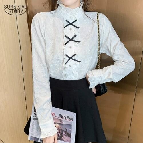 Autumn Sweet Bow Lace Shirt Women White Stand Collar Elegant Shirt Women Casual Long-sleeved Gentle Blouse Camisa De Mujer 16271