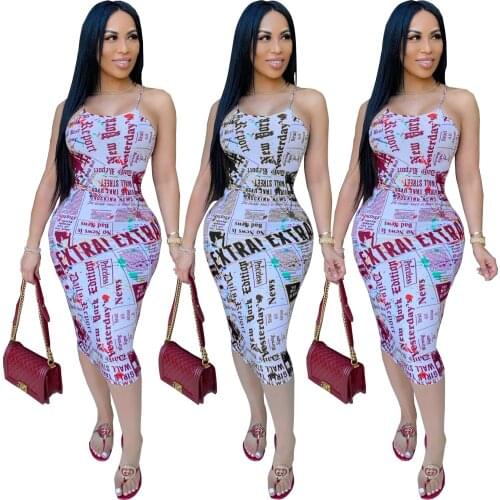 Adogirl Newspaper Letter Print Women Midi Dress Halter Neck Lace Up Open Back Bodycon Dress Sexy Club Party Lady Dress Vestido