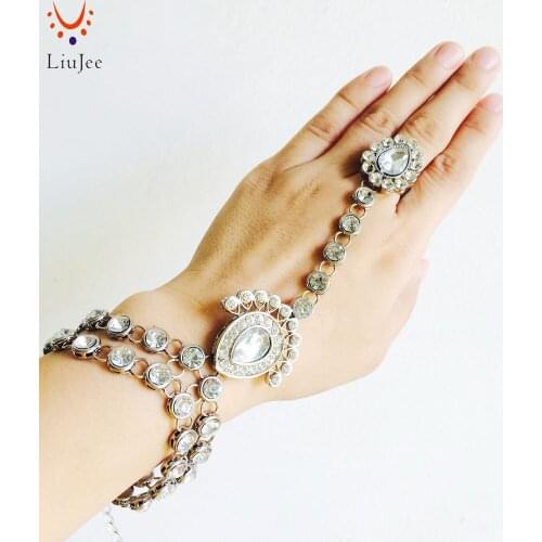 Handmade Indian Bollywood Panja Bracelet Hand Chain with Silver Color Kundan Stones Grecian Bohemian Style SL-245