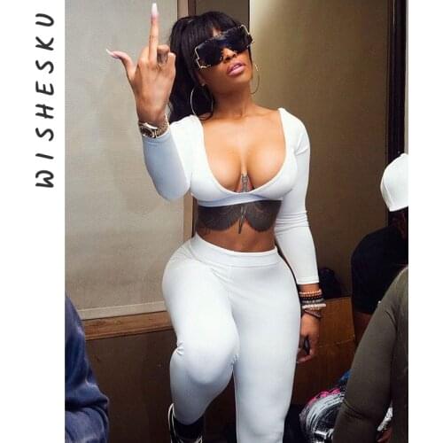 Tracksuit Women Two Piece Set Sexy Deep V Casual White Long Sleeve Crop Top +Pencil Pants Sets Sportswear Fashion Outfits
